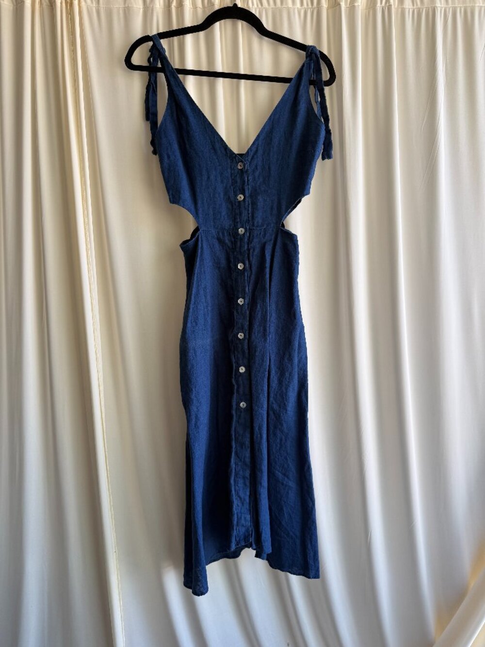 Zara 100% Linen Cutout Tie Shoulder Button Front Midi Dress Blue XS
